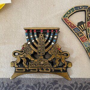 Hebrew Hand Painted Brass Napkin Holder and bottle opener